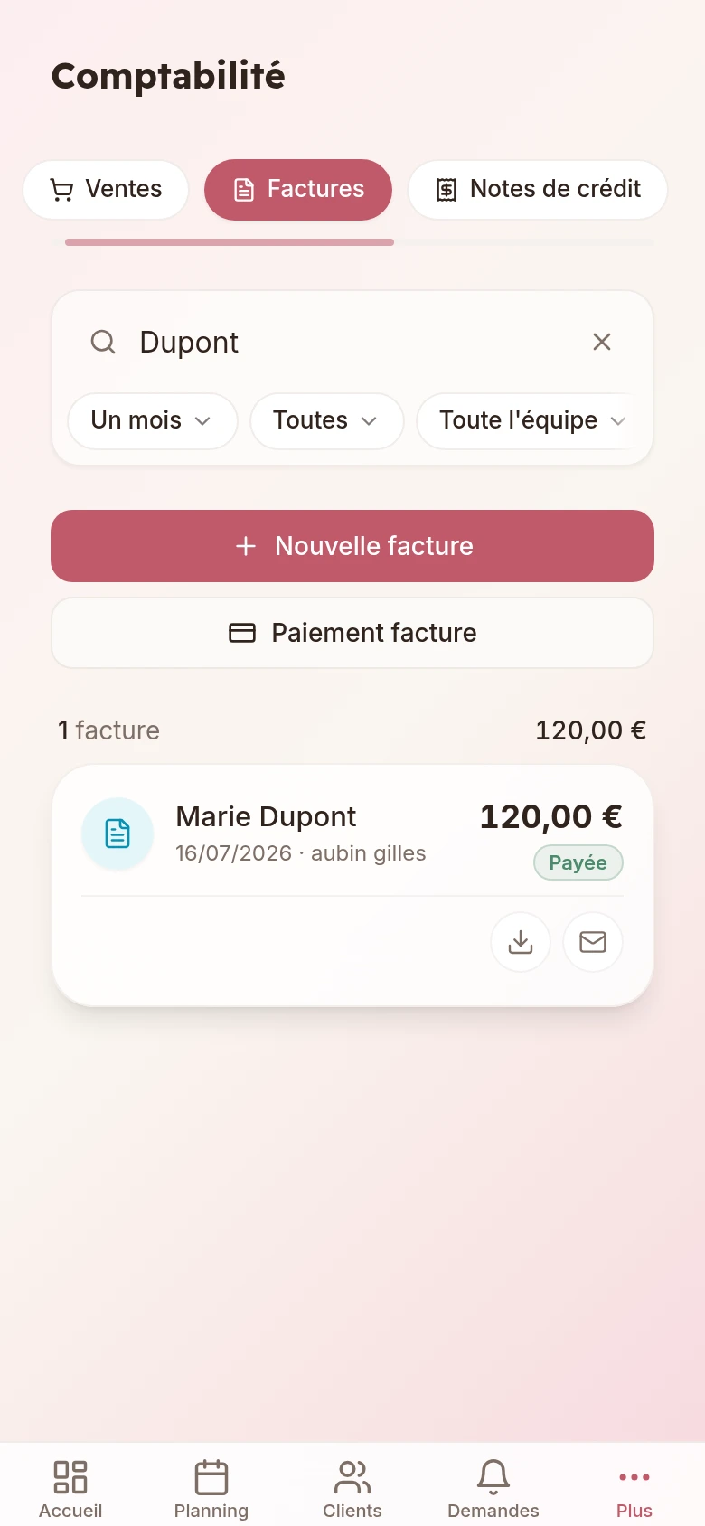 Capture d'écran mobile — Caisse & facturation