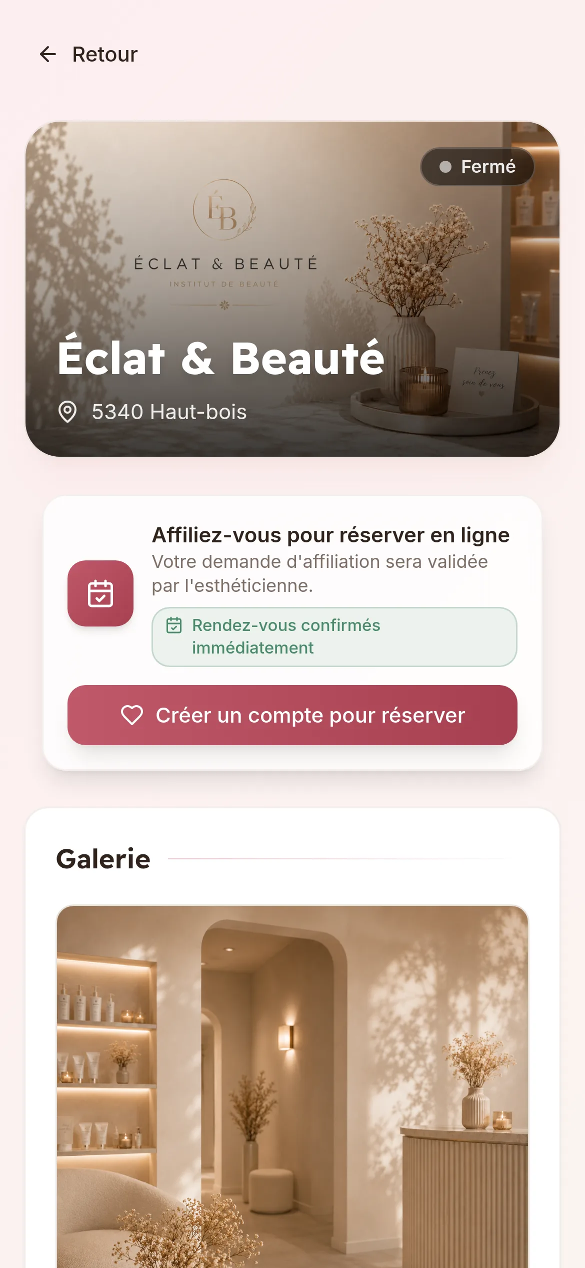 Capture d'écran mobile — Réservation en ligne