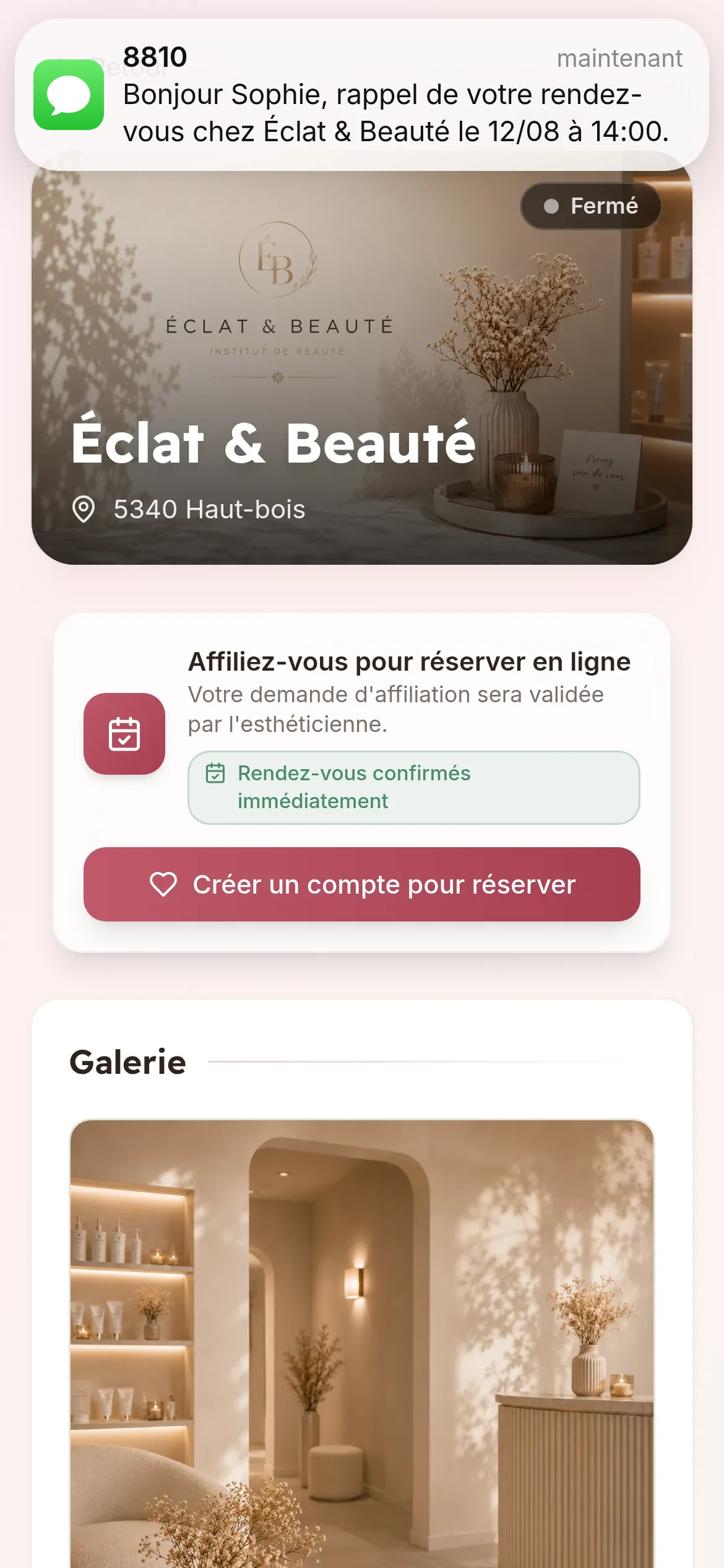 Capture d'écran mobile : Réservation en ligne
