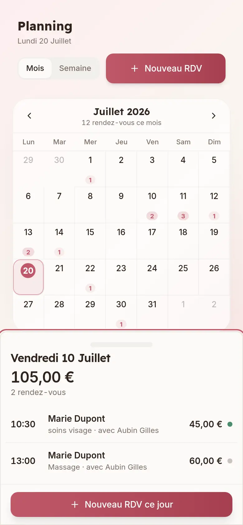 Capture d'écran mobile — Planning