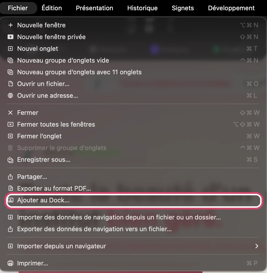 Capture d'écran de l'étape : Choisissez «&nbsp;Ajouter au Dock…&nbsp;»