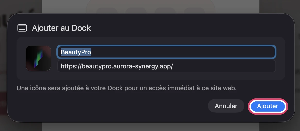 Capture d'écran de l'étape : Validez : BeautyPro se lance ensuite depuis le Dock